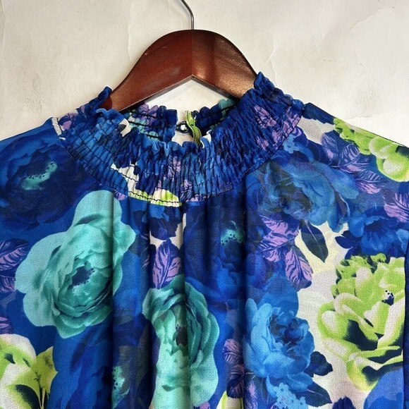 MISA Los Angeles Rania Chiffon Smock Neck Asymmetrical Midi Dress Blue Floral M - Picture 9 of 12